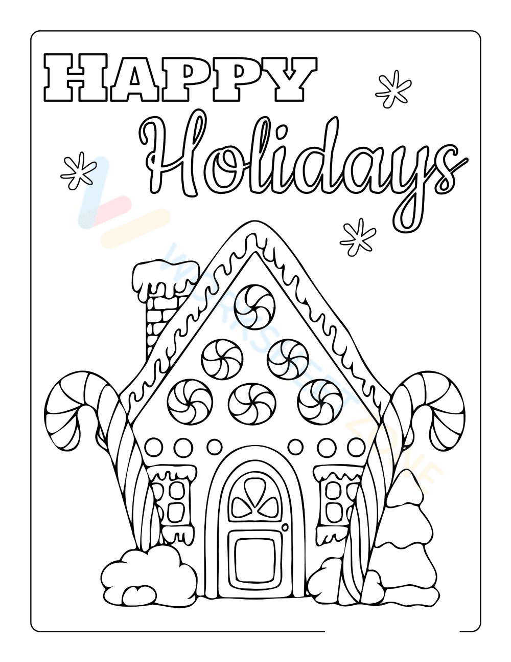 Gingerbread House Happy Holidays Coloring - Page 1