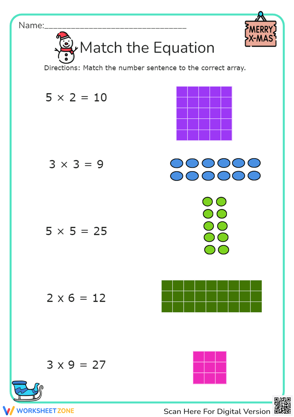 Match Equations to Arrays: Multiplication Practice Worksheet - Page 1