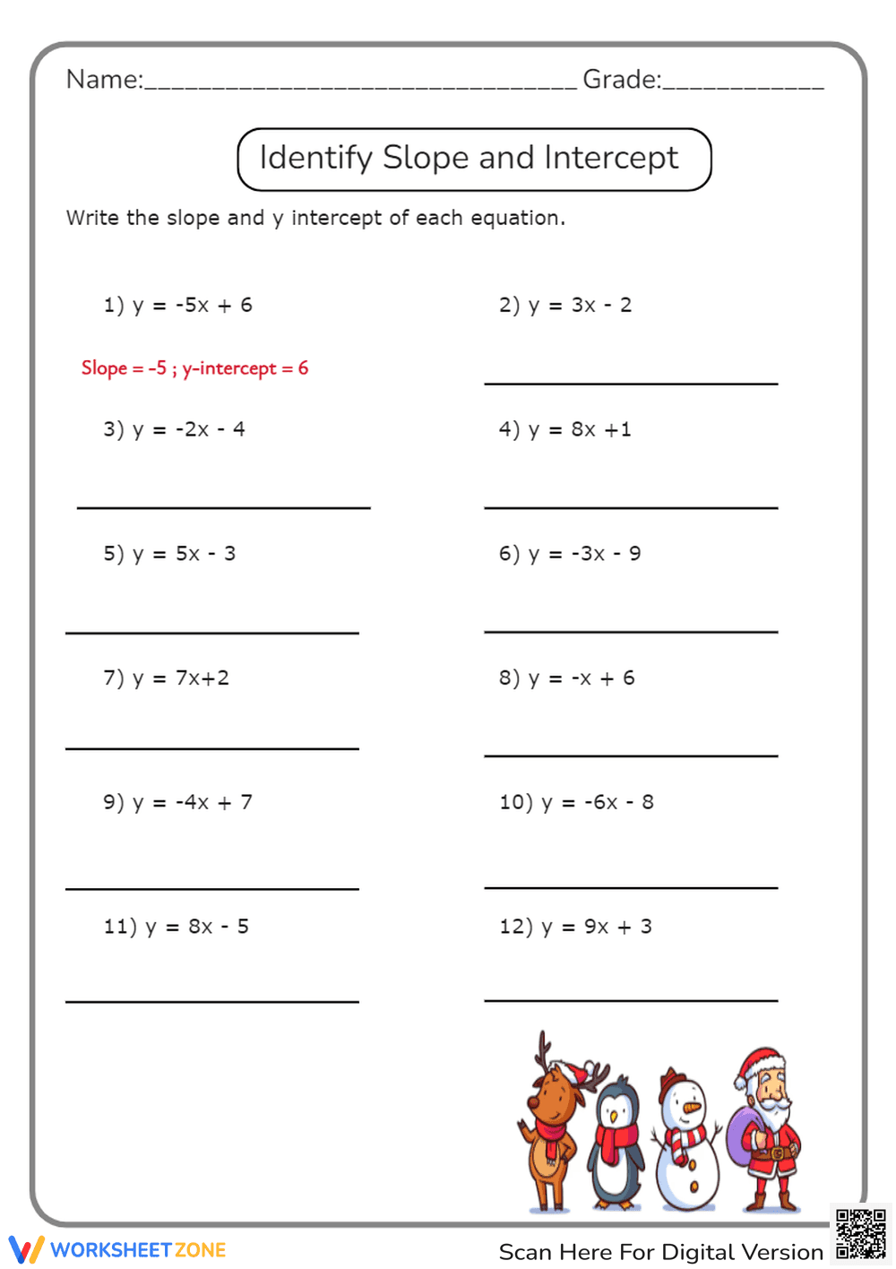 Slope & Y-Intercept Practice: Winter Math Worksheet Fun! - Page 1