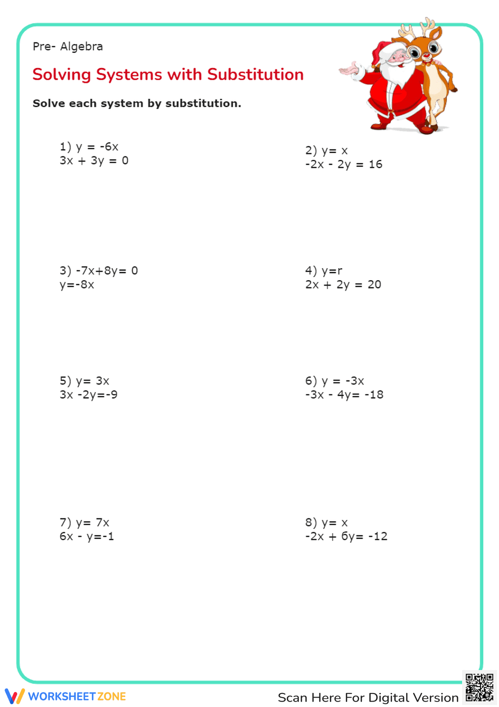 Christmas Algebra: Solve Systems by Substitution Worksheet - Page 1