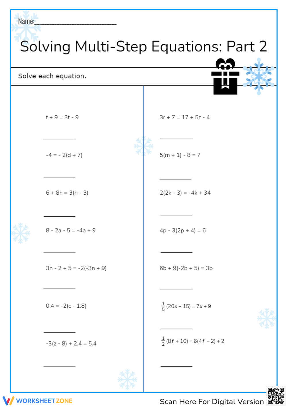 Multi-Step Equations Worksheet: Algebra Practice Part 2 (Grades 7-9) - Page 1