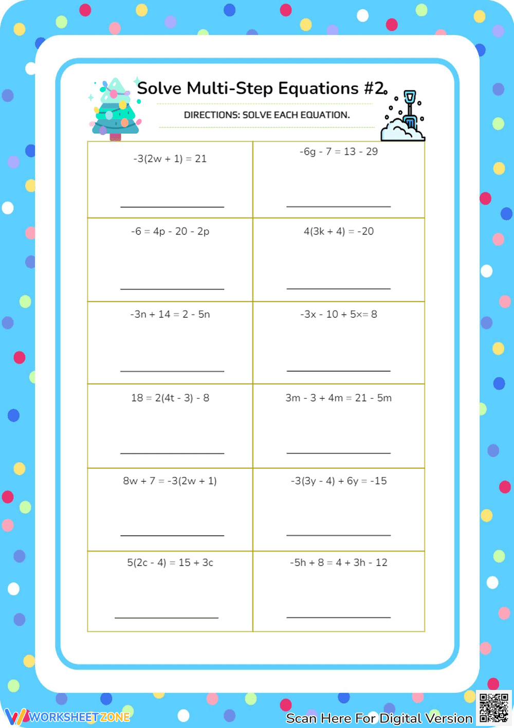 Solve Multi-Step Equations #2 - Algebra Practice Worksheet - Page 1