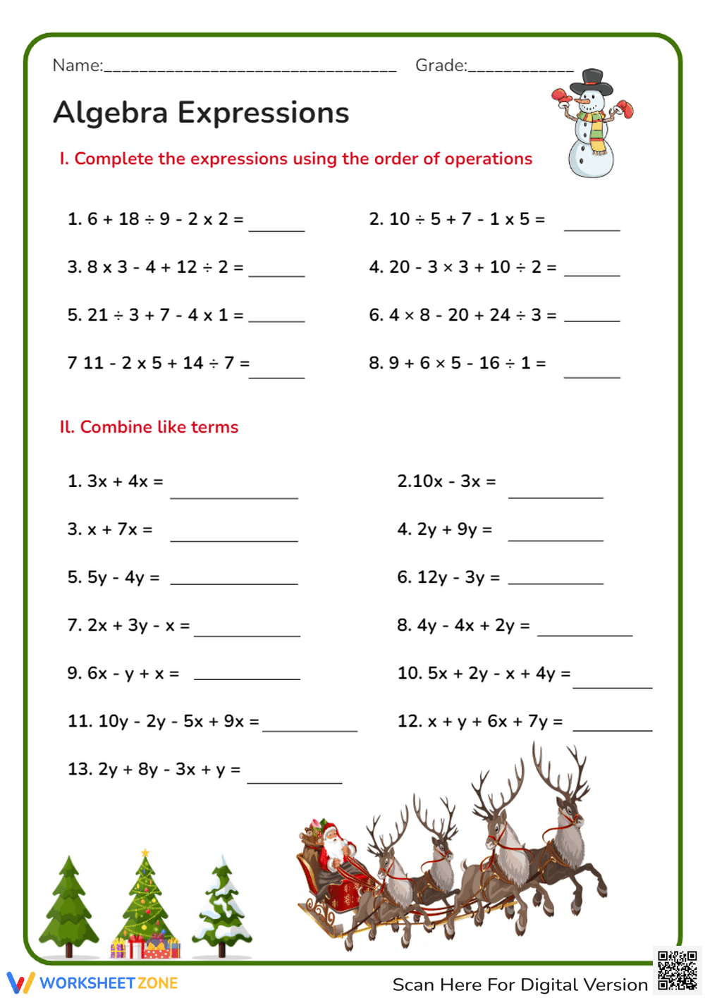 Christmas Algebra: Order of Operations & Combining Like Terms - Page 1