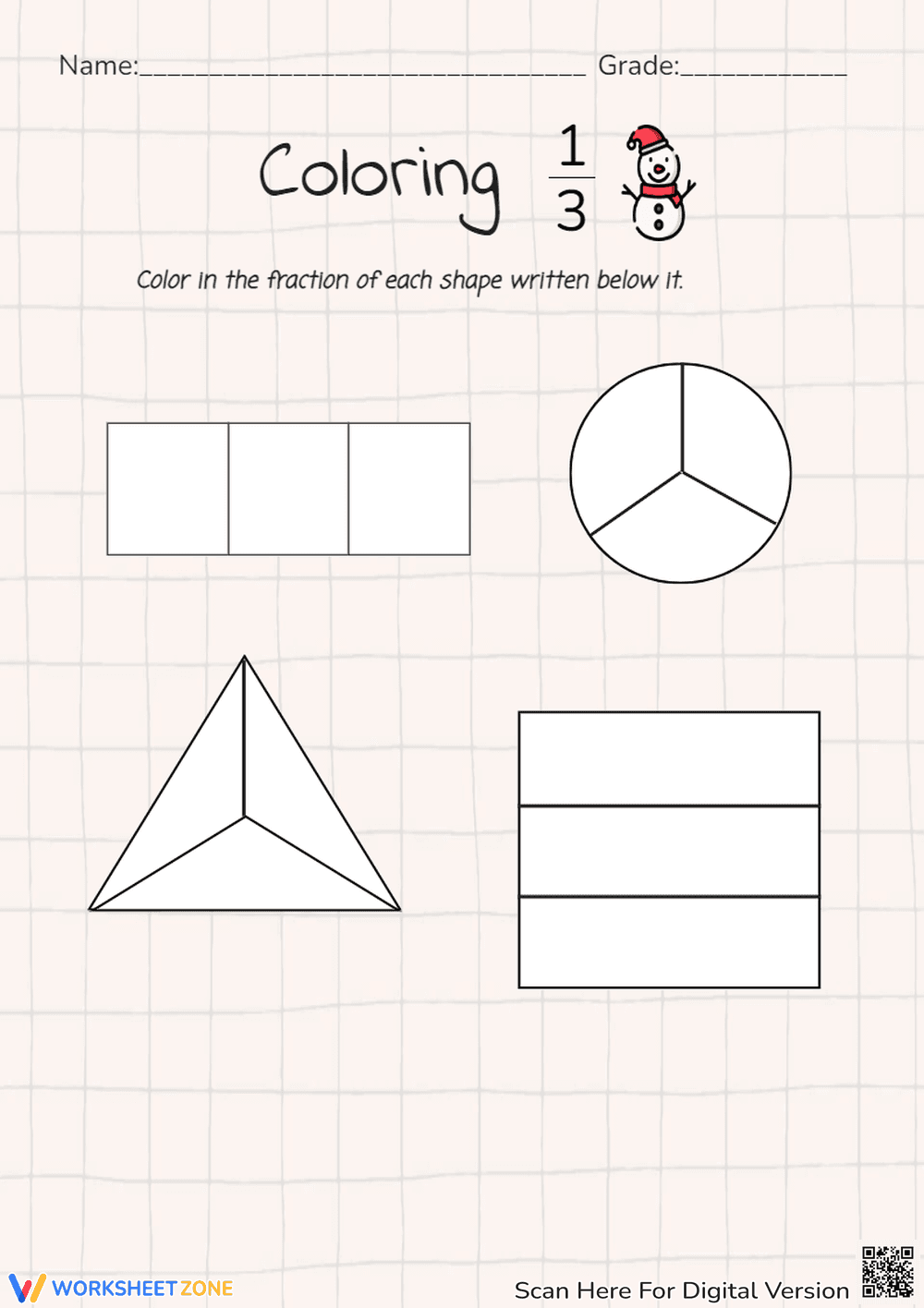 Color 1/3 Fractions: Shape Coloring Worksheet for Kids! - Page 1