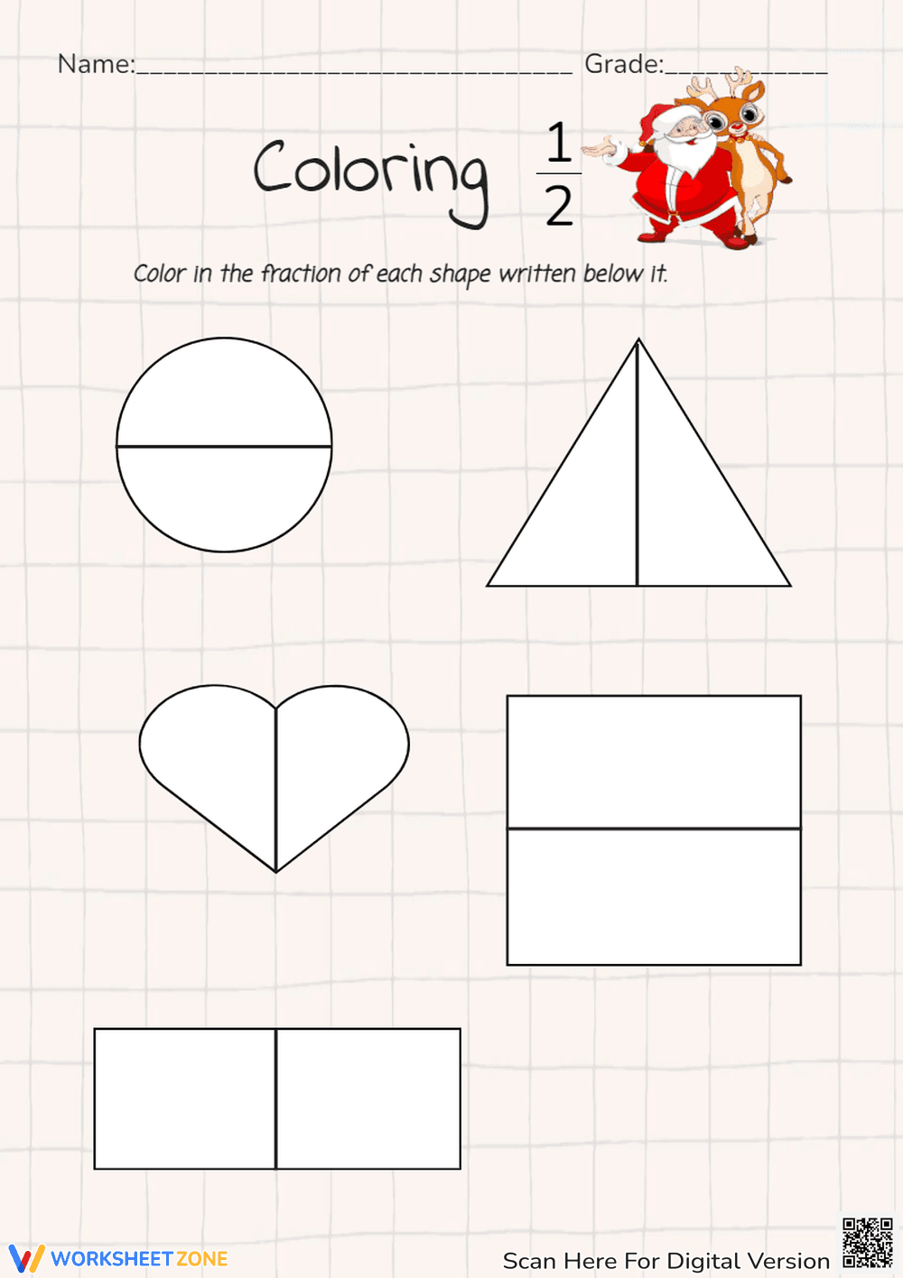 Coloring Shapes: The Fraction 1/2 - Page 1