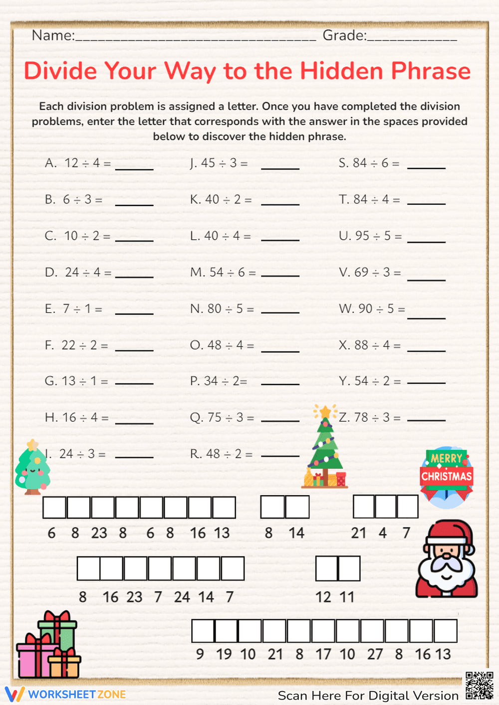 Christmas Division: Decode the Hidden Phrase Worksheet! - Page 1