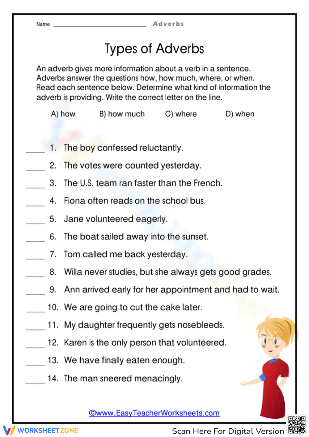 Types of Adverbs Worksheet - Page 1