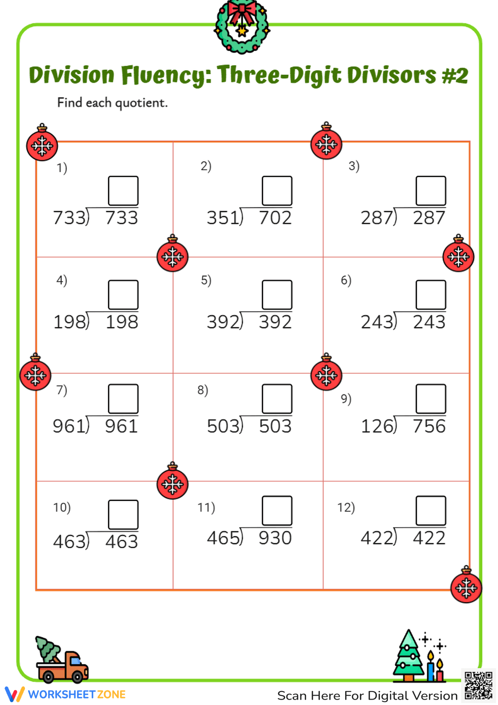 Three-Digit Divisors Division Fluency Practice - Page 1
