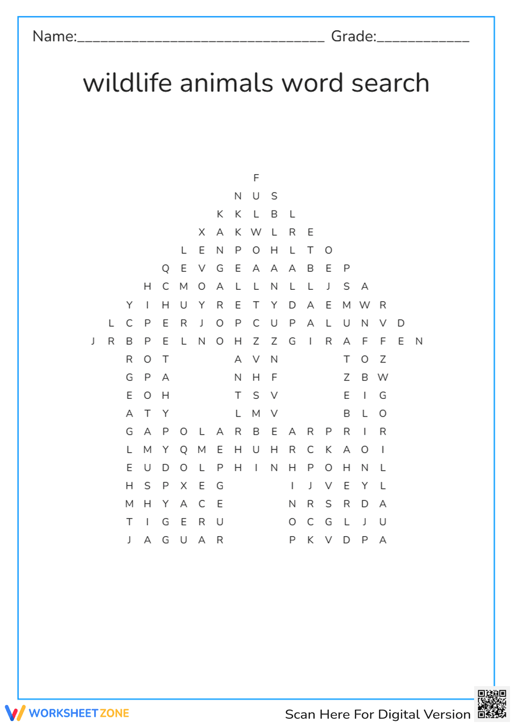 Wildlife Animals Word Search - Page 1