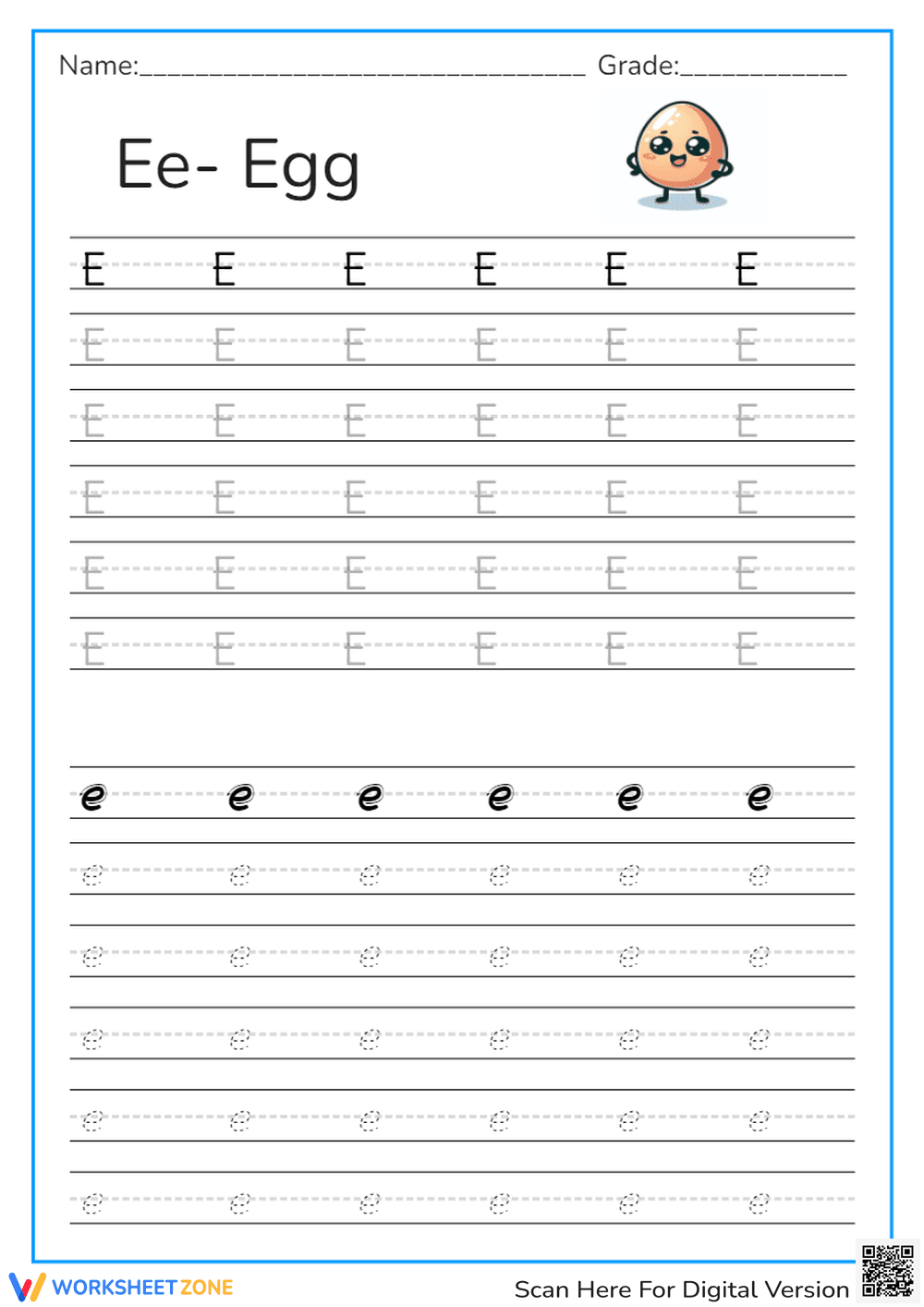Learn to Write the Letter E - Egg Theme - Page 1