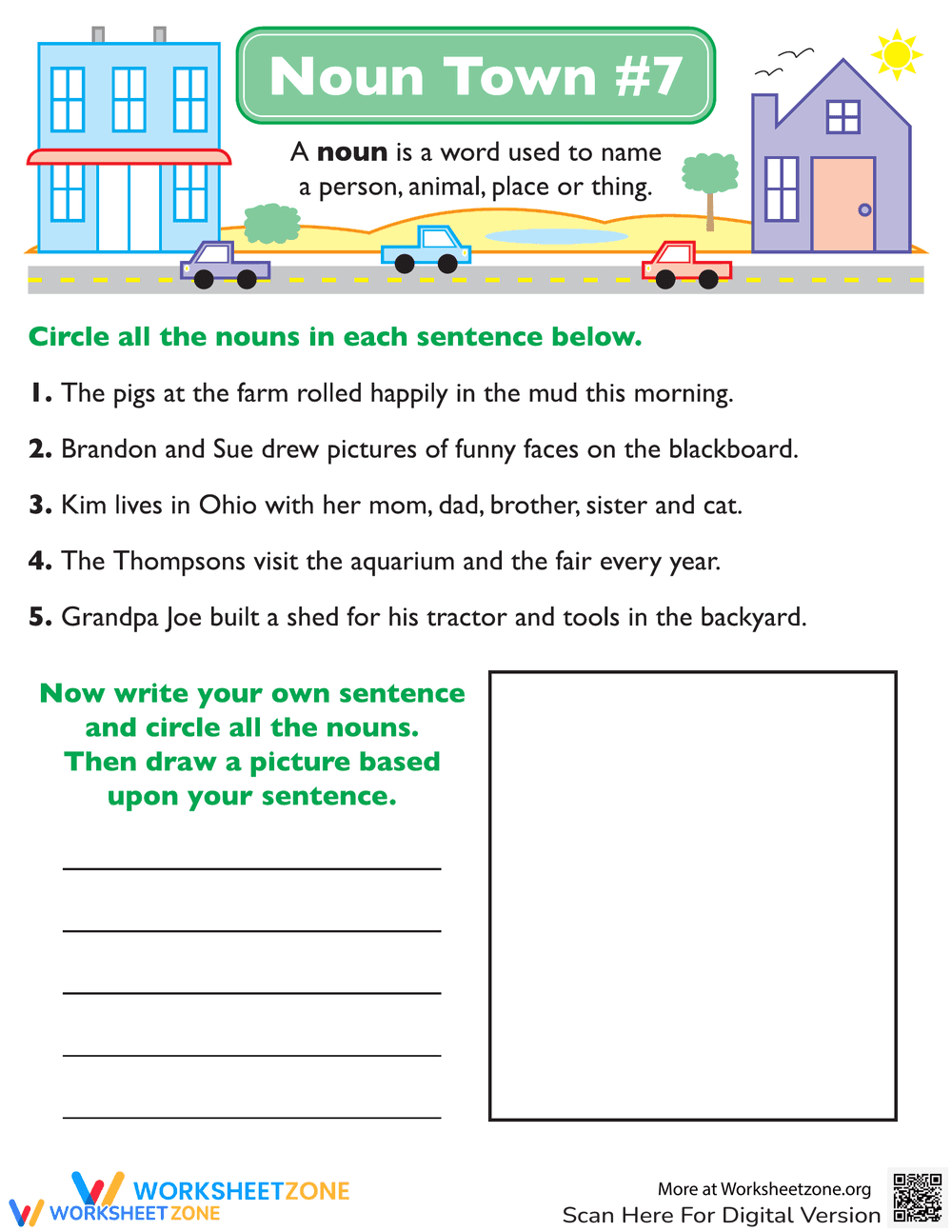 Noun Town: Identifying Nouns Worksheet - Page 1
