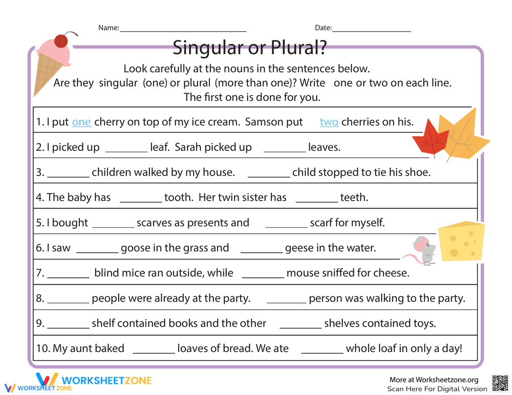 Singular or Plural: Noun Identification Practice - Page 1