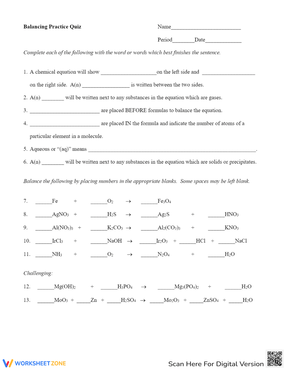 Balancing Practice Equations Quiz - Page 1