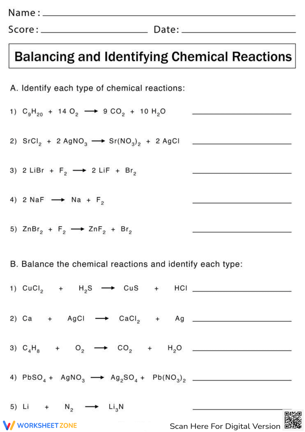 Chemical Reactions Worksheet with Answers - Page 1