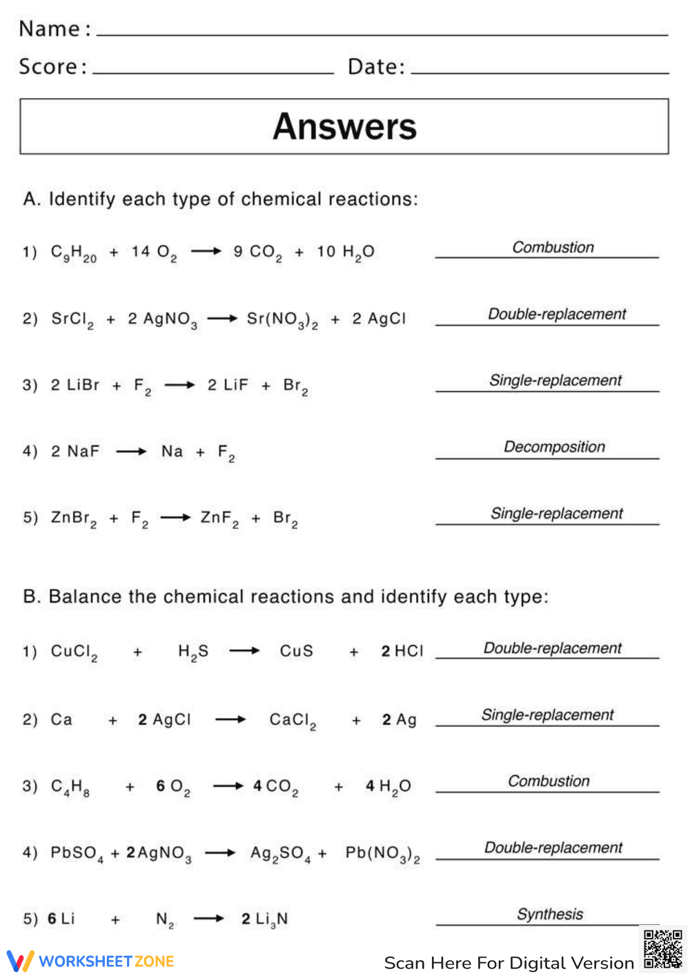 Chemical Reactions Worksheet with Answers - Page 2