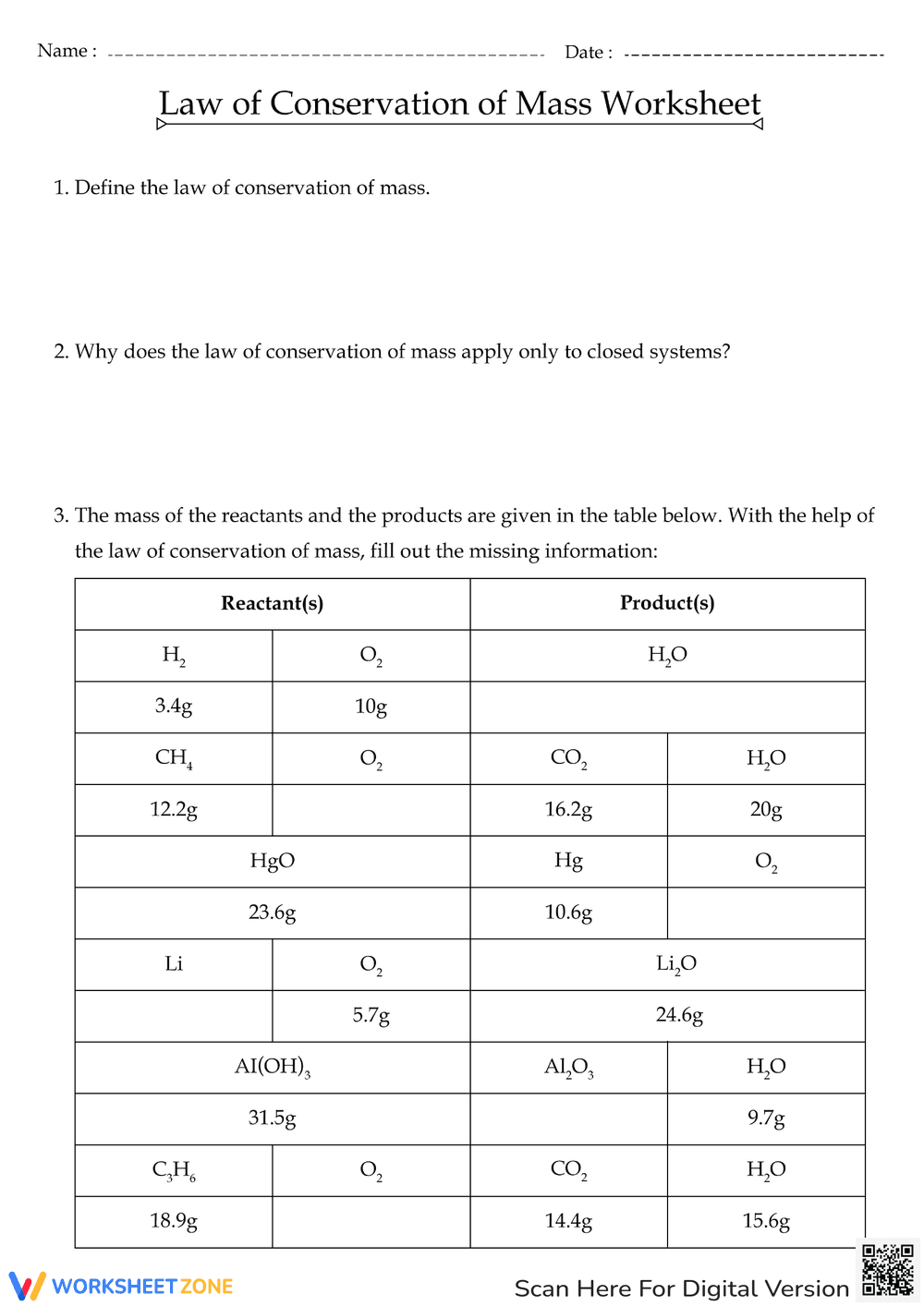 Conservation of Mass With Answers - Page 1