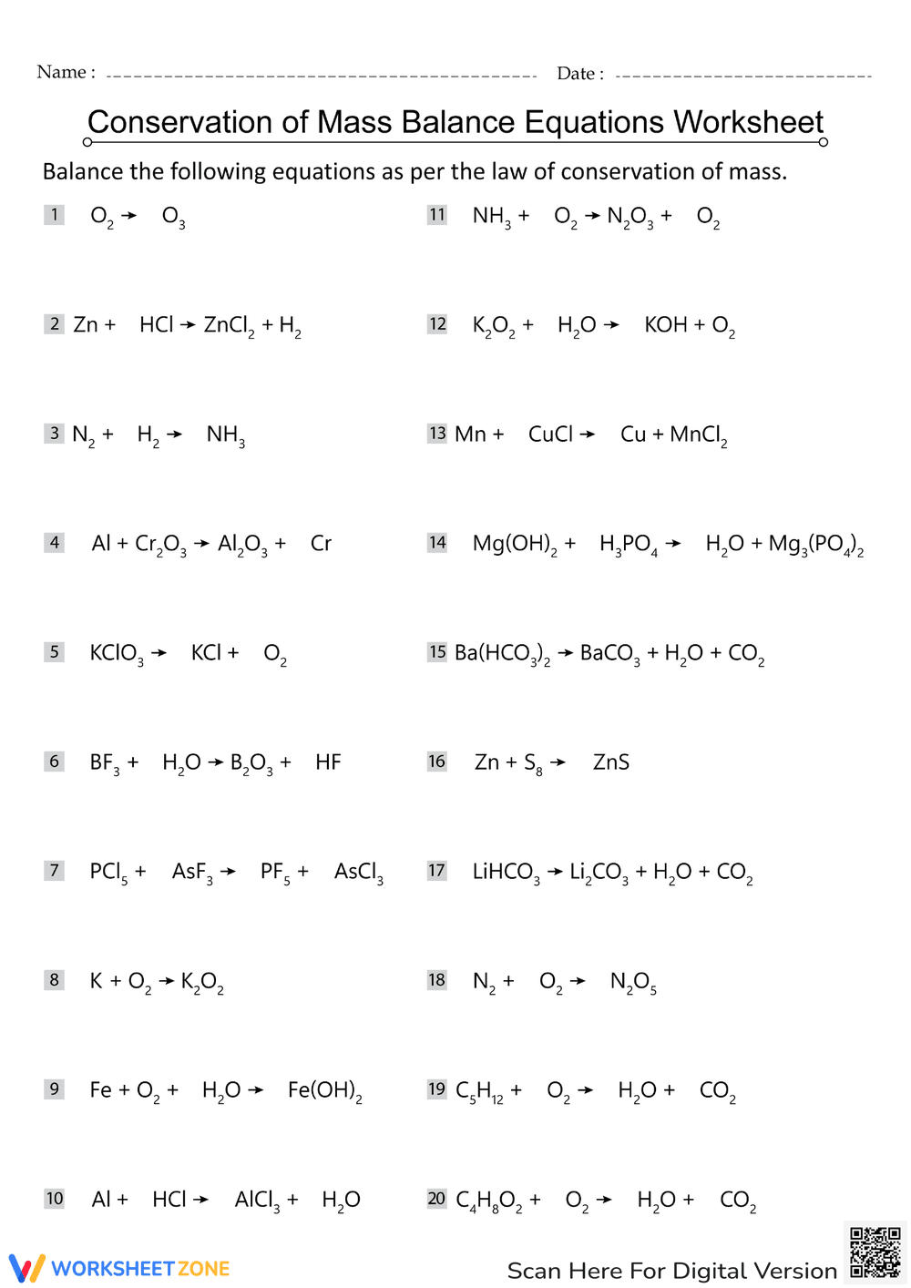 Law of Conservation of Mass: Balancing Worksheet - Page 1