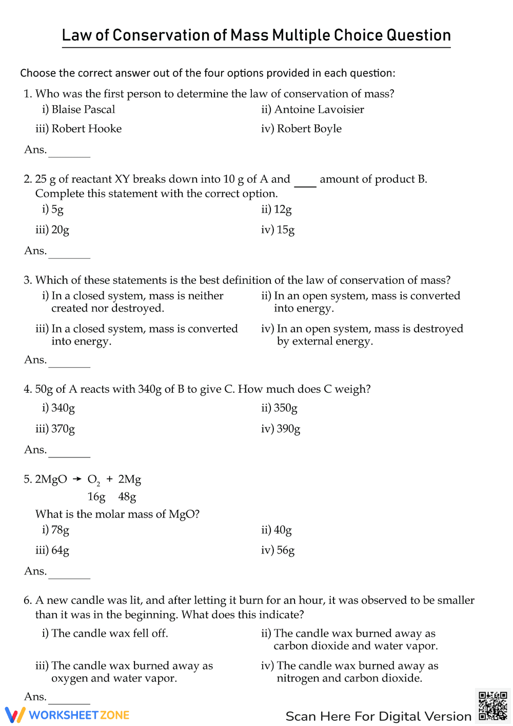 Law of Conservation of Mass: Multiple Choice - Page 1