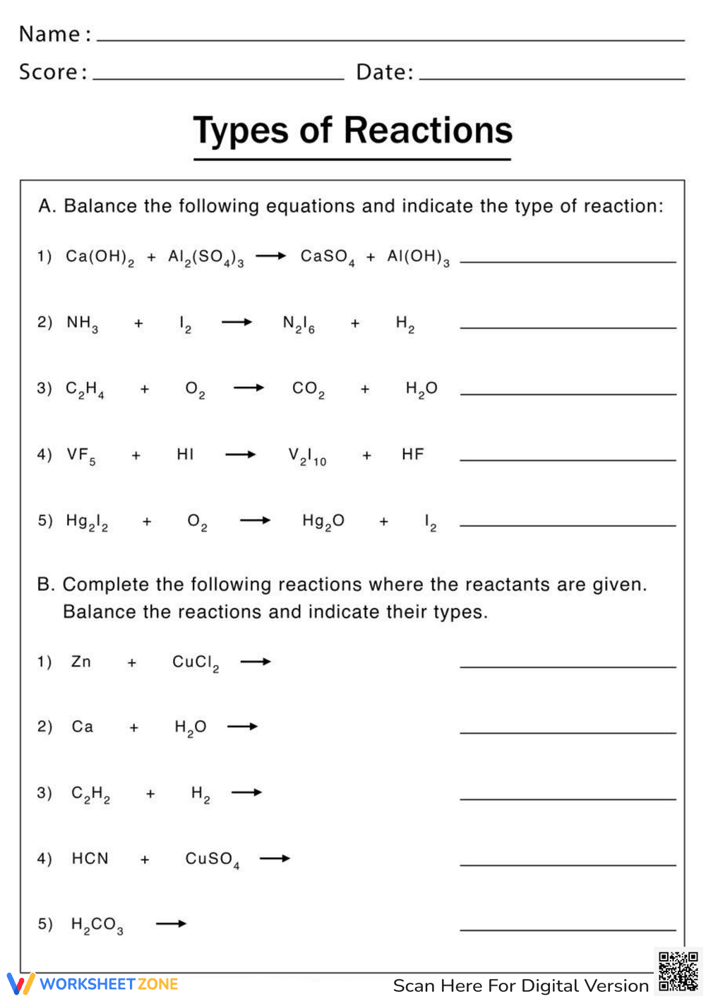 Types of Reactions Worksheet - Page 1