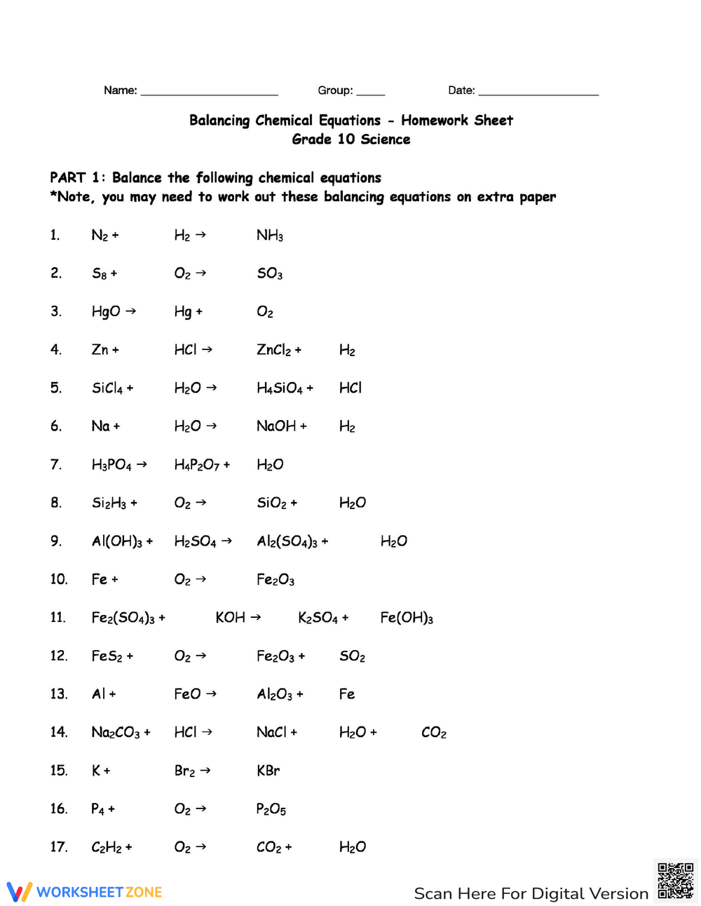 Balancing Chemical Equations for Chemistry Students - Page 1