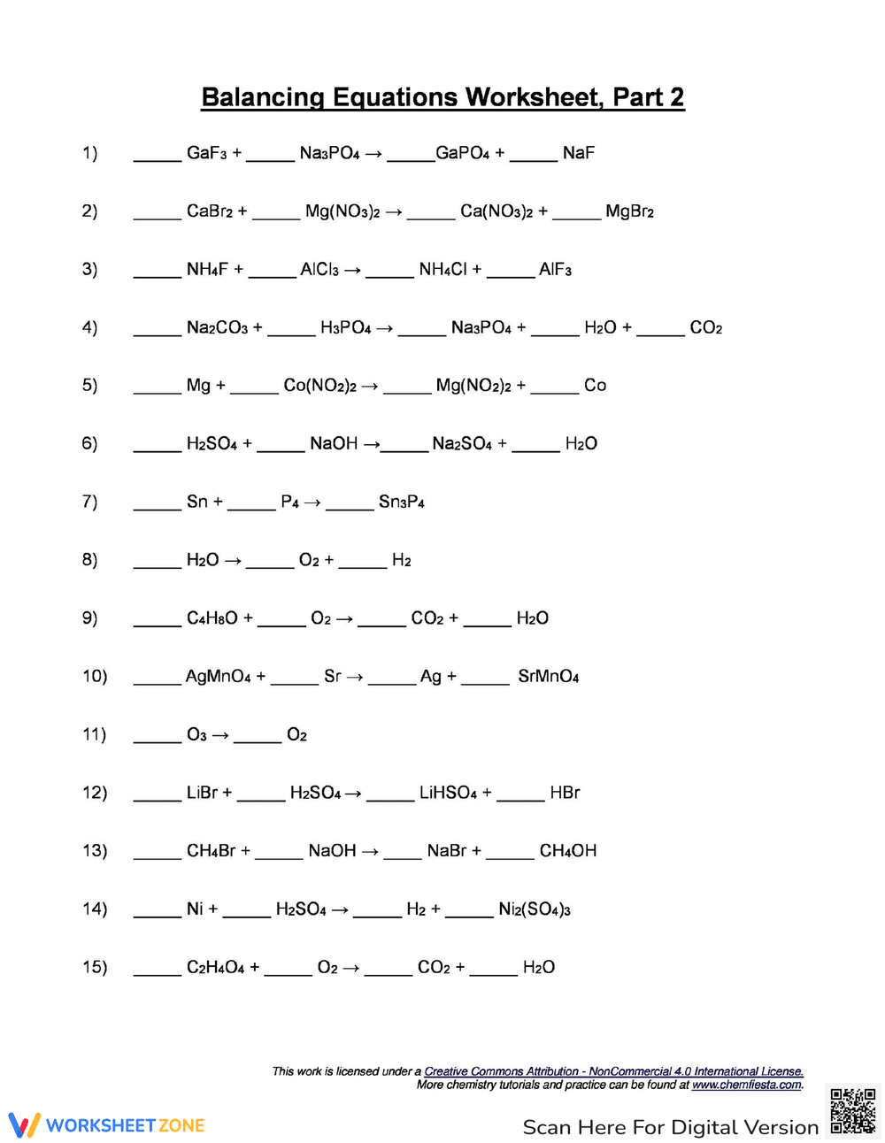 Chemistry Equations Balancing Practice - Page 1