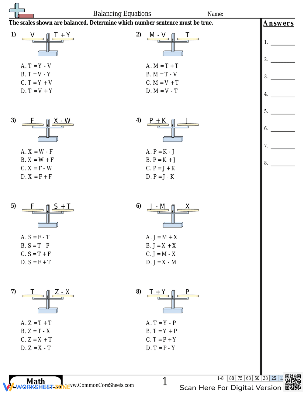 Worksheet for Balancing Chemical Equations - Page 1