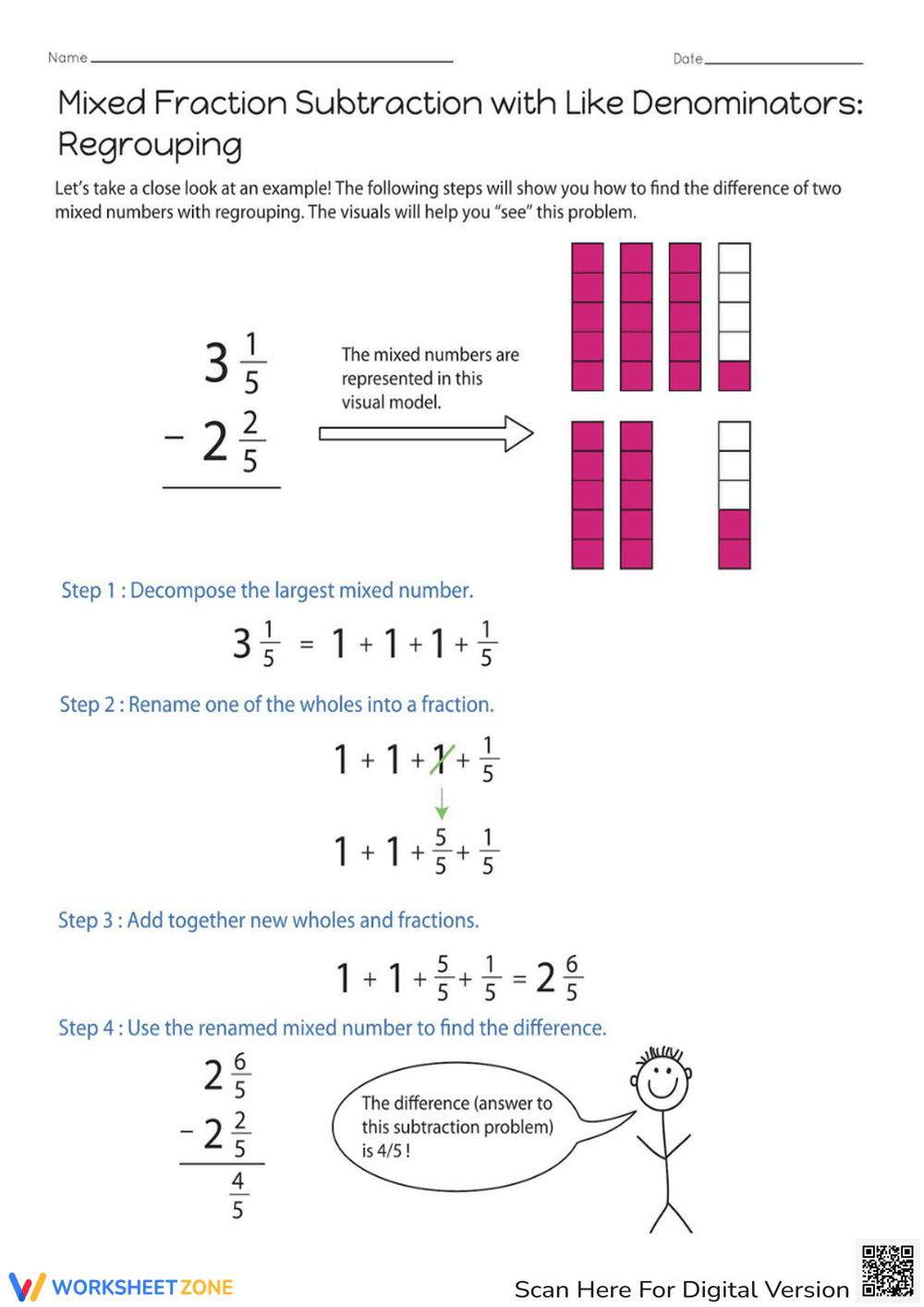 Subtract Mixed Fractions with Like Denominators - Page 1