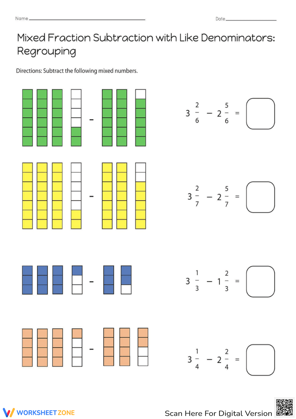 Subtract Mixed Fractions with Like Denominators - Page 2