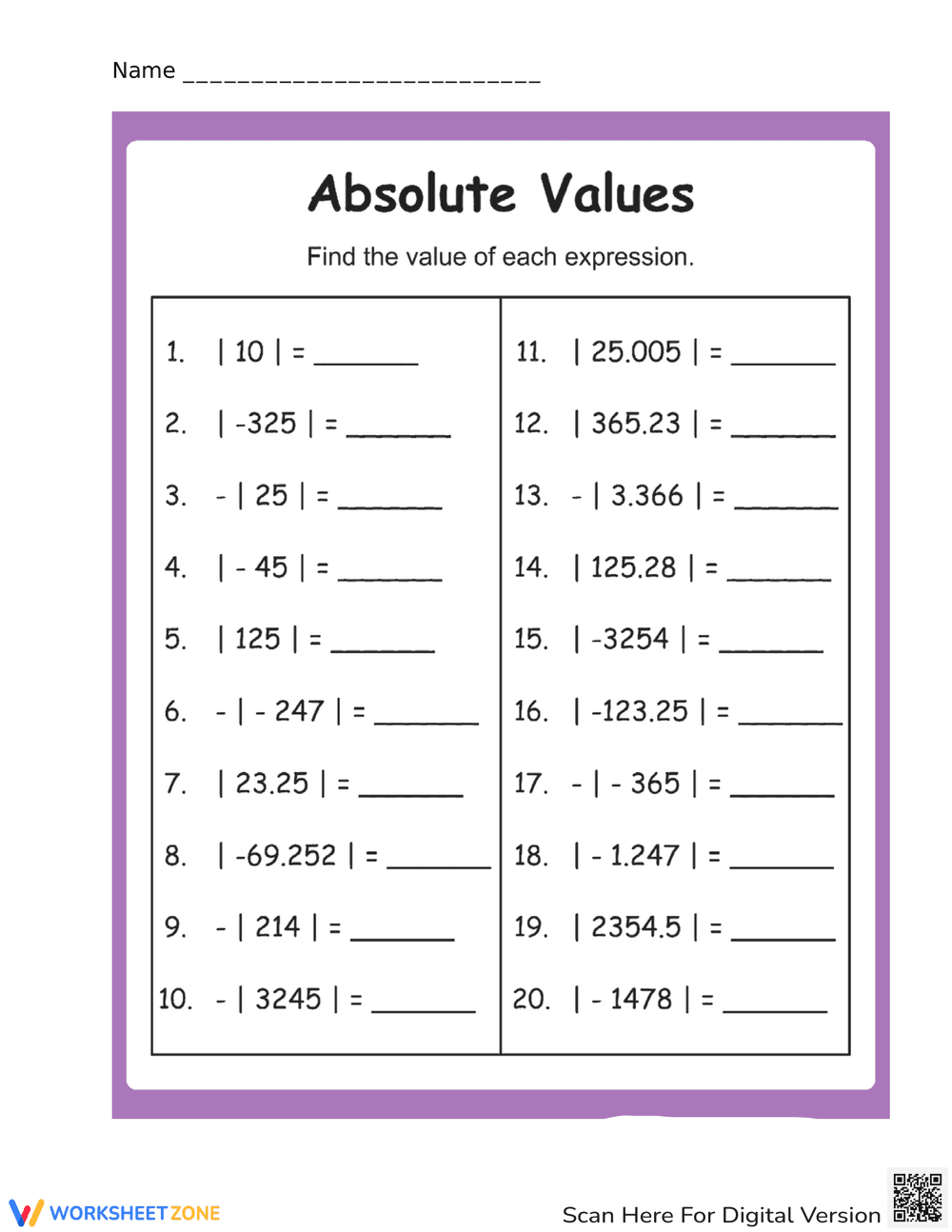 Practice with Absolute Value Worksheet - Page 1
