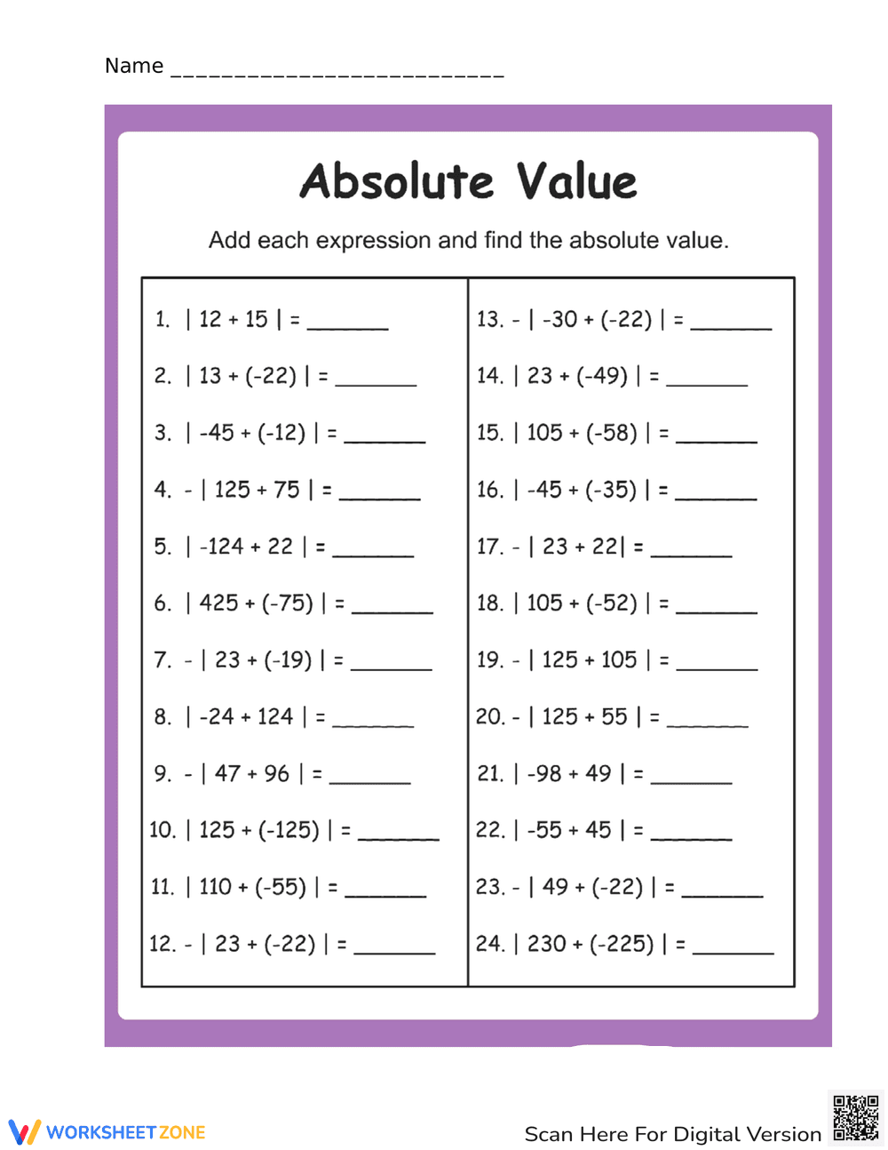 Practice Absolute Value Concepts - Page 1