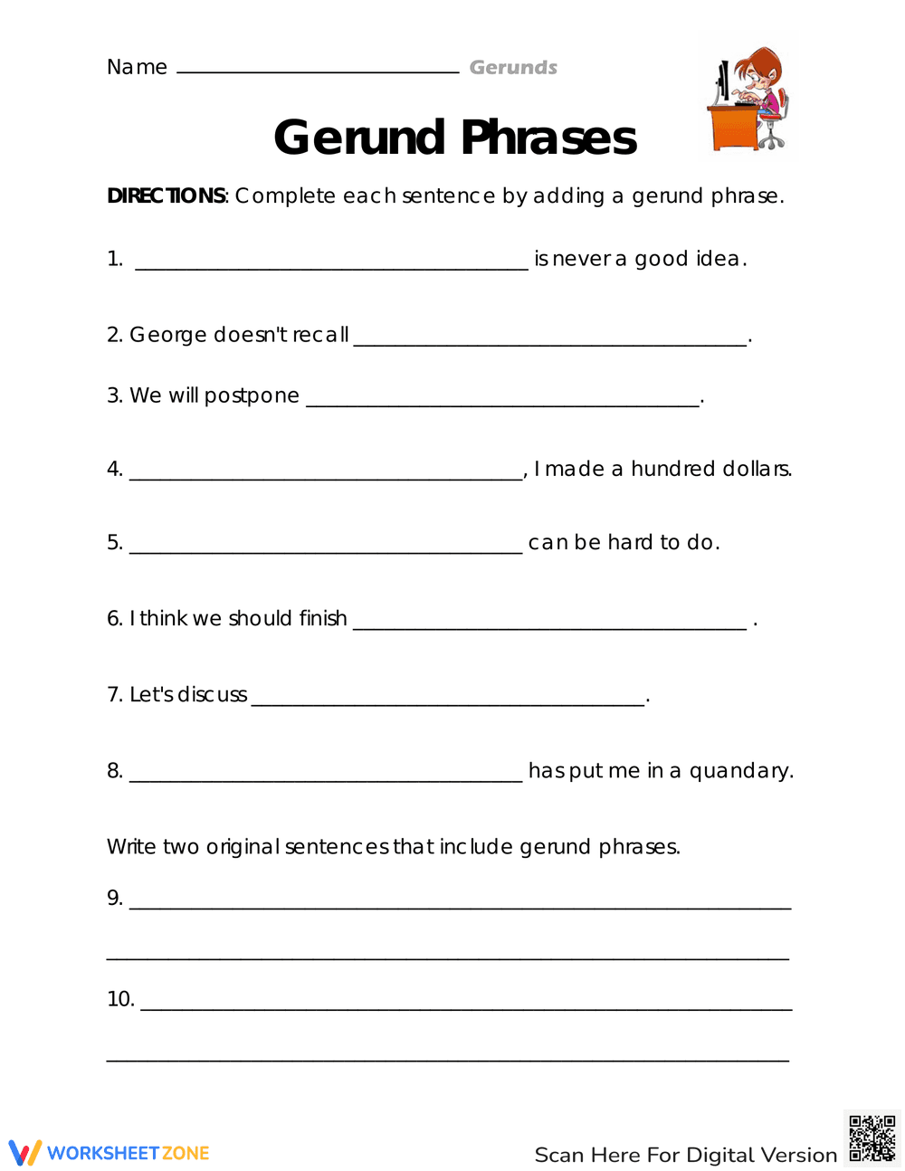 Gerund Phrases Explored Worksheet - Page 1