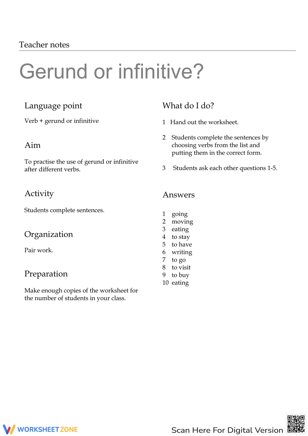 Decide Gerund or Infinitive Worksheet - Page 1