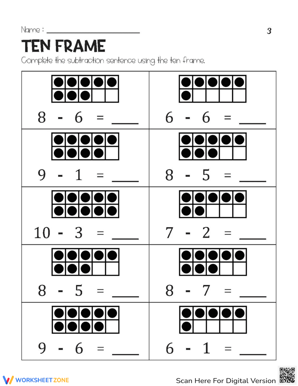 Ten Frame Subtraction Practice - Page 1