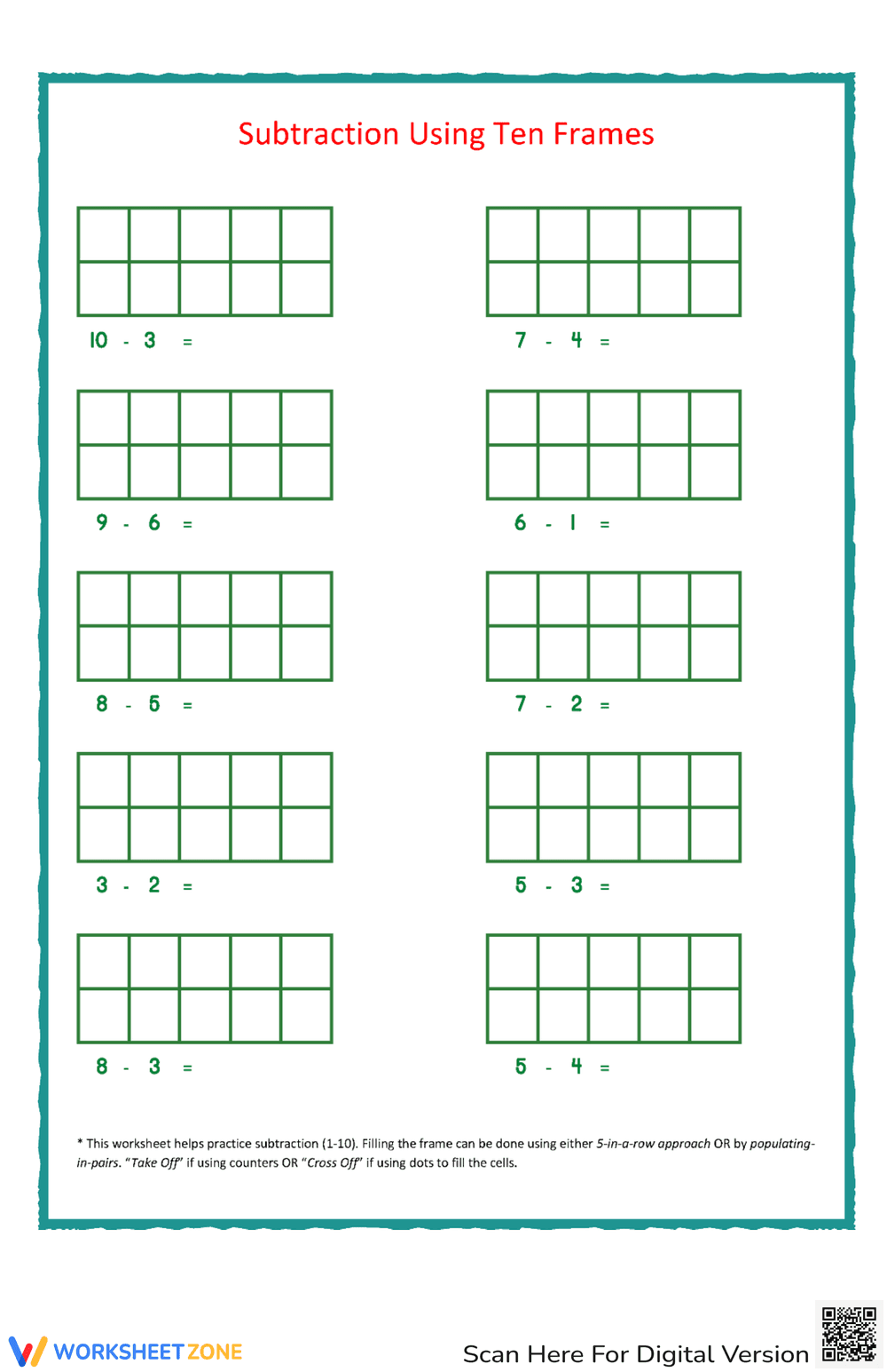 Subtraction 1-10 with Ten Frames - Page 1
