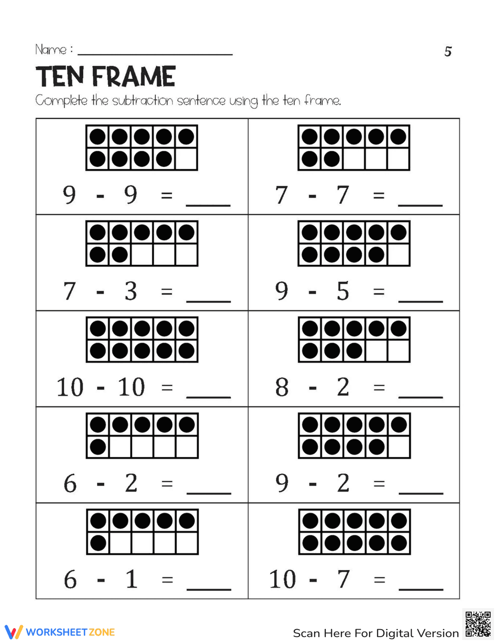 Ten Frame Subtraction Practice for 5 - Page 1