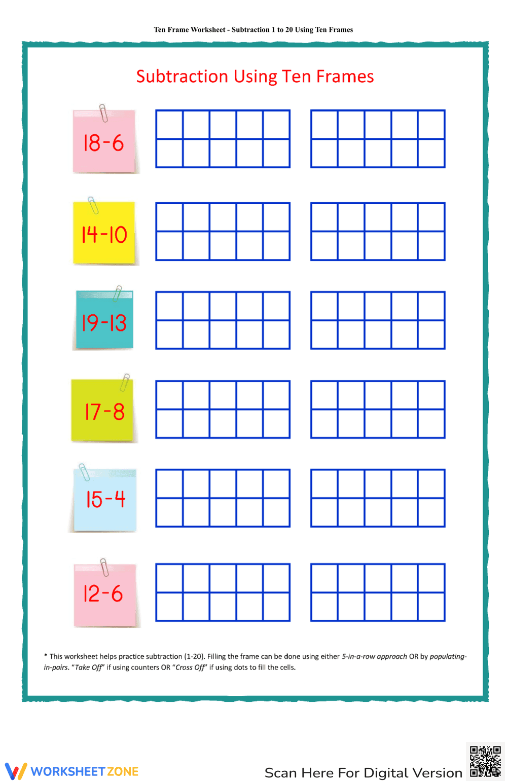 Subtraction 1-20 with Ten Frames - Page 1