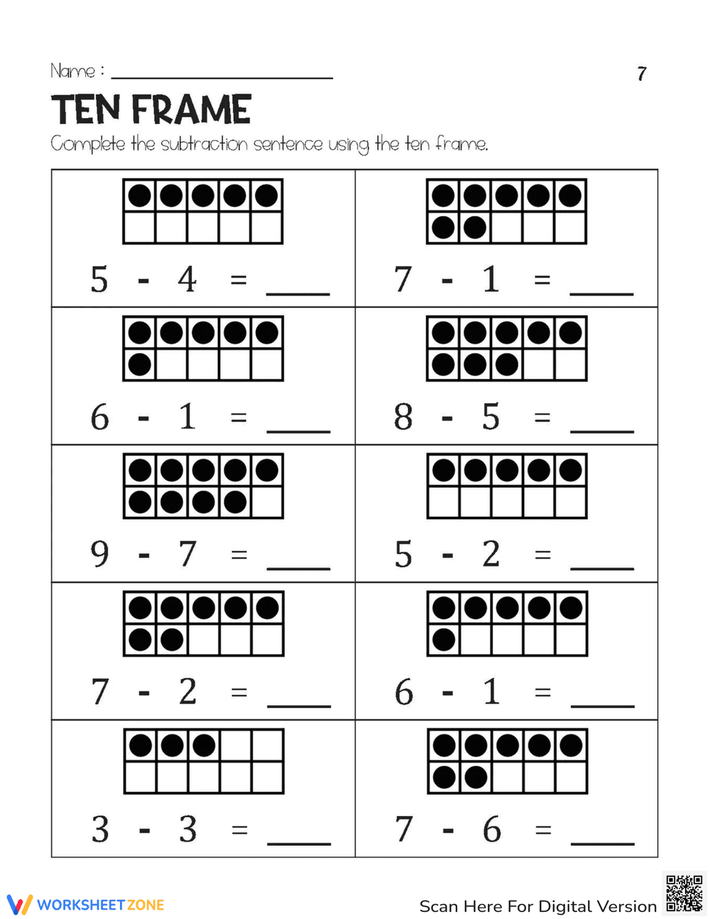 Subtract within Ten Frames - Page 1