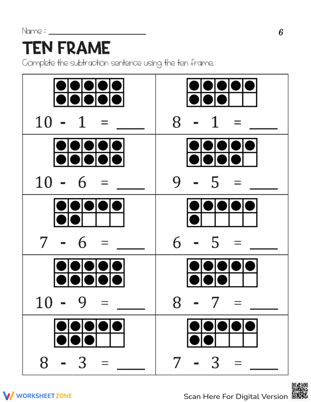 Ten Frame Subtraction Practice Worksheet - Page 1