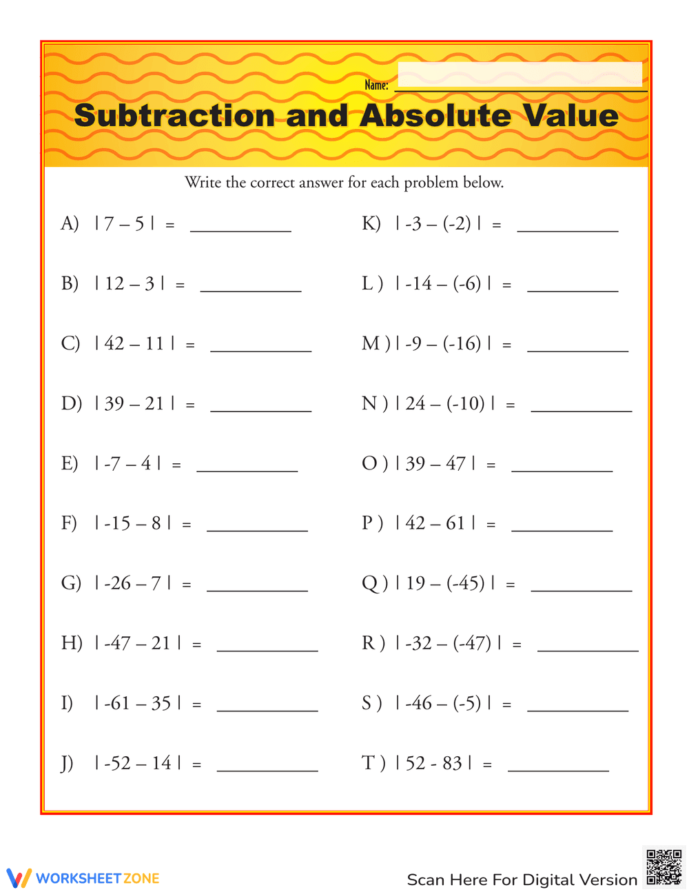 Absolute Value: Subtraction and Absolute Value - Page 1
