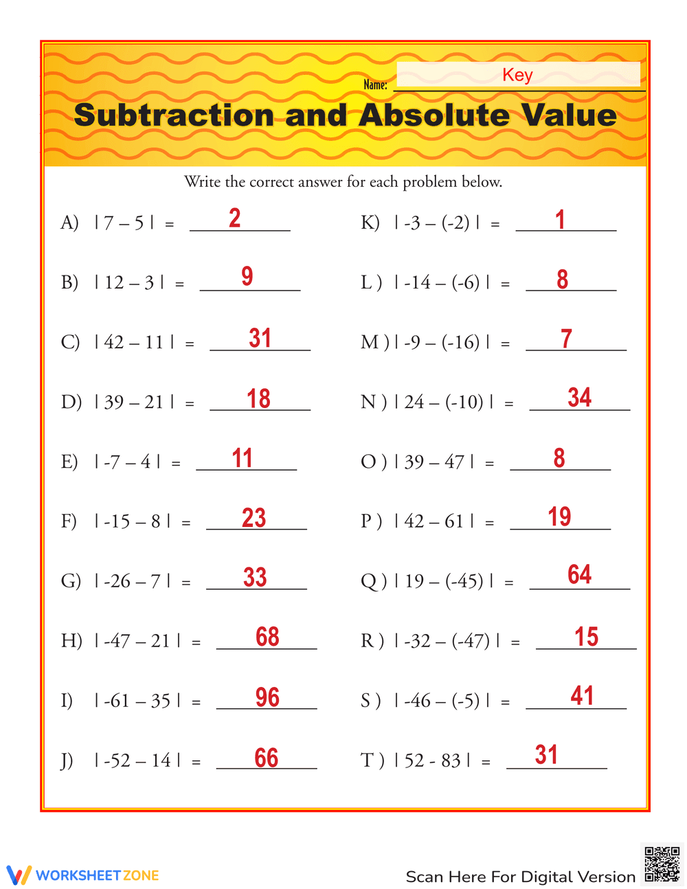 Absolute Value: Subtraction and Absolute Value - Page 2