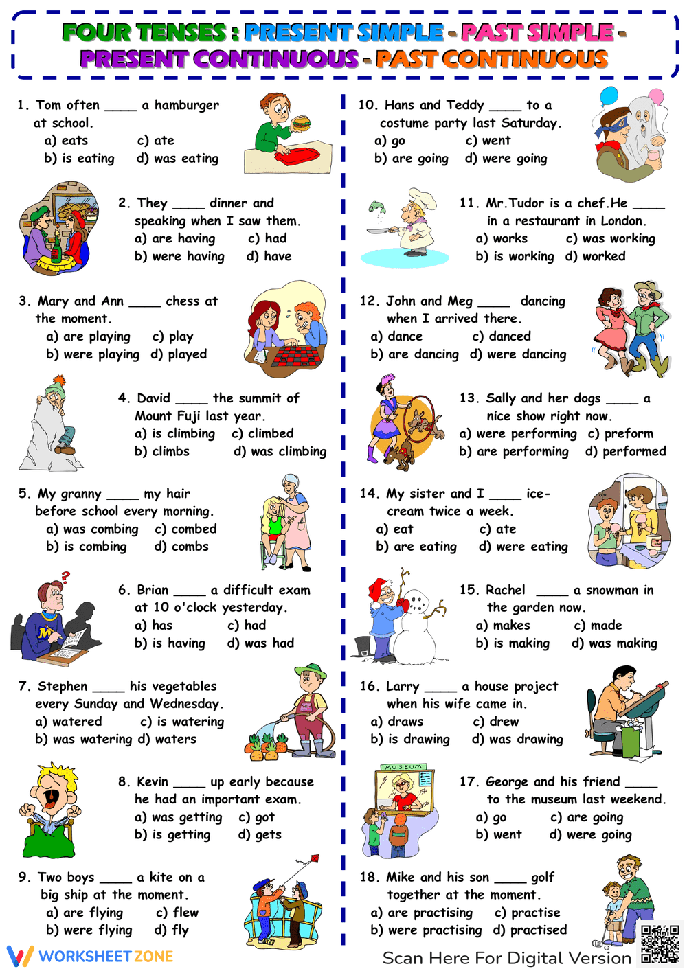 Four Tenses ESL Multiple Choice Test Worksheet - Page 1