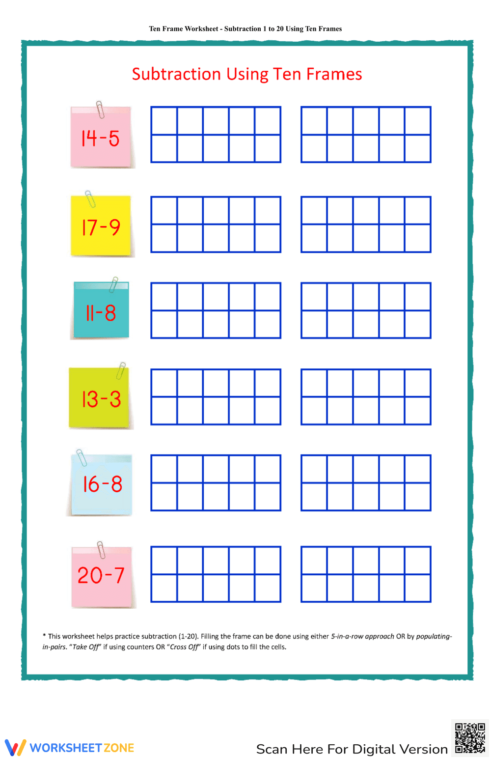 Ten Frame Subtraction 1 to 20: Practice Math - Page 1
