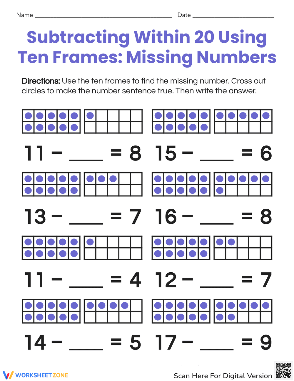 Subtracting Within 20: Using Ten Frames - Page 1