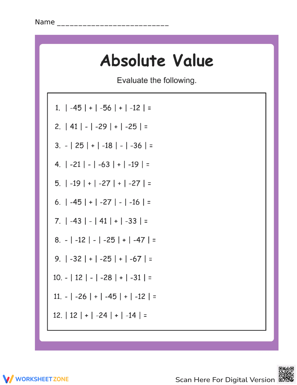 Absolute Value Practice Sheet - Page 1