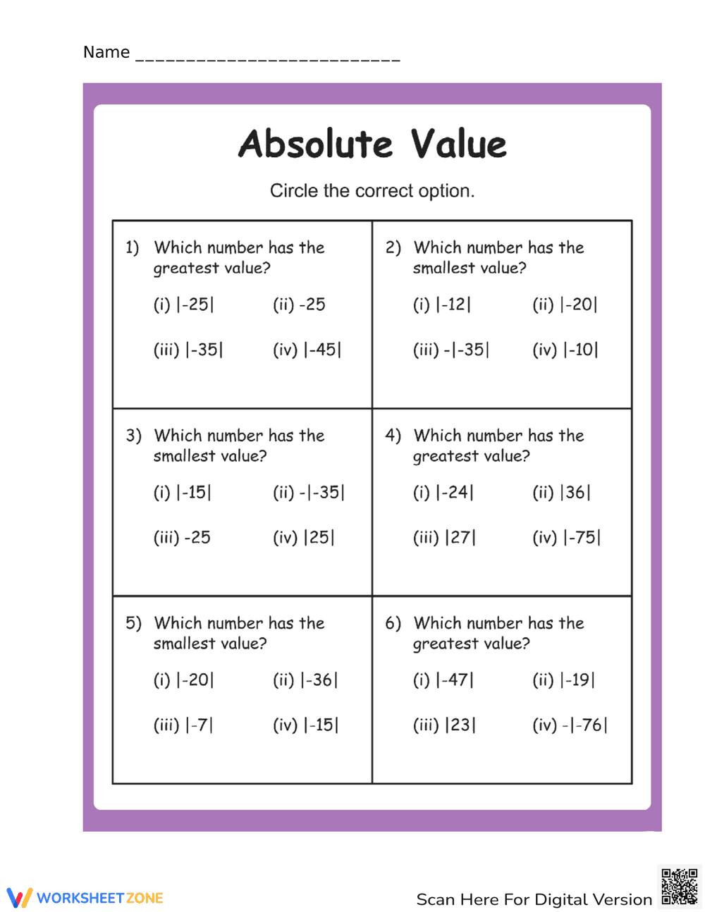 Absolute Value - Numbers Worksheet - Page 1