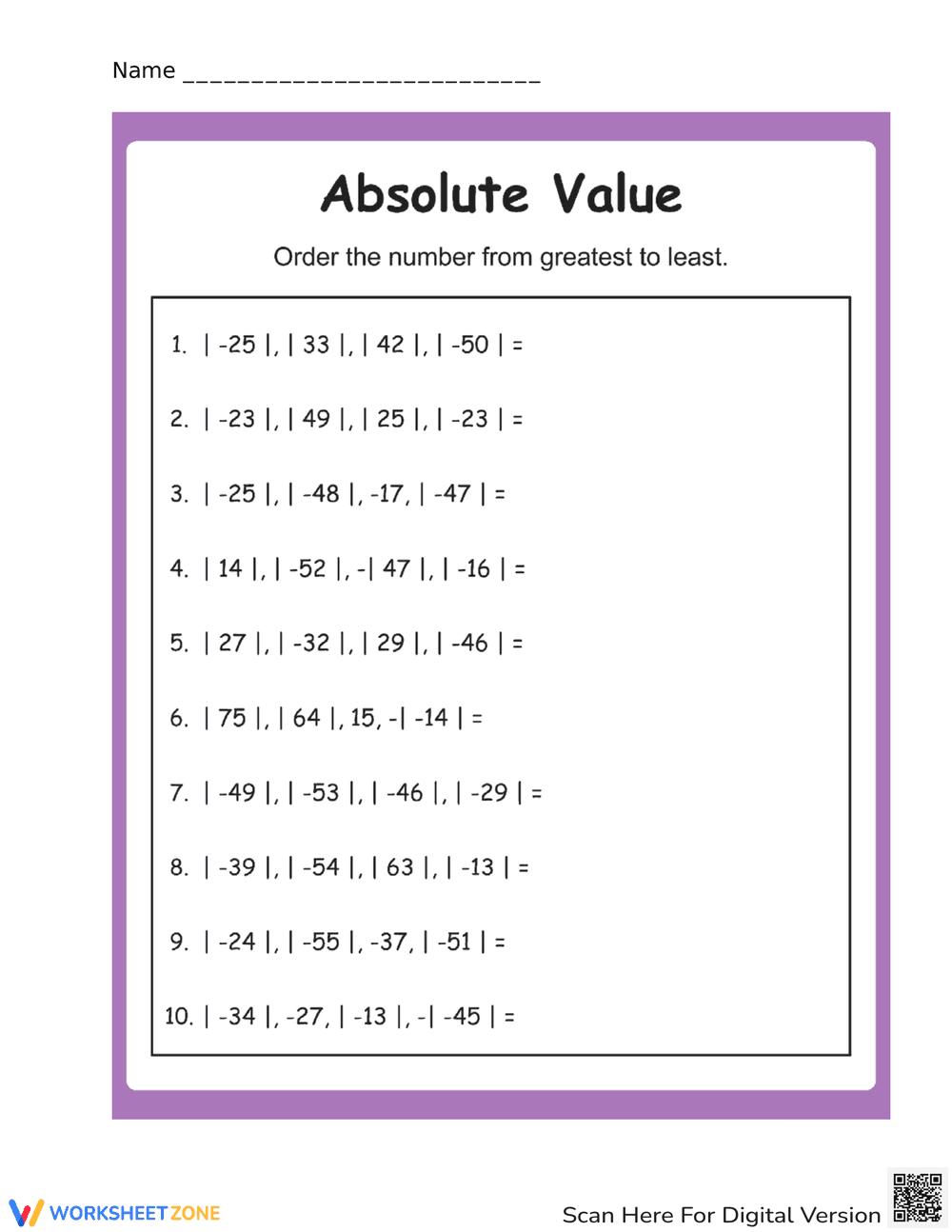 Absolute Value Math Practice - Page 1