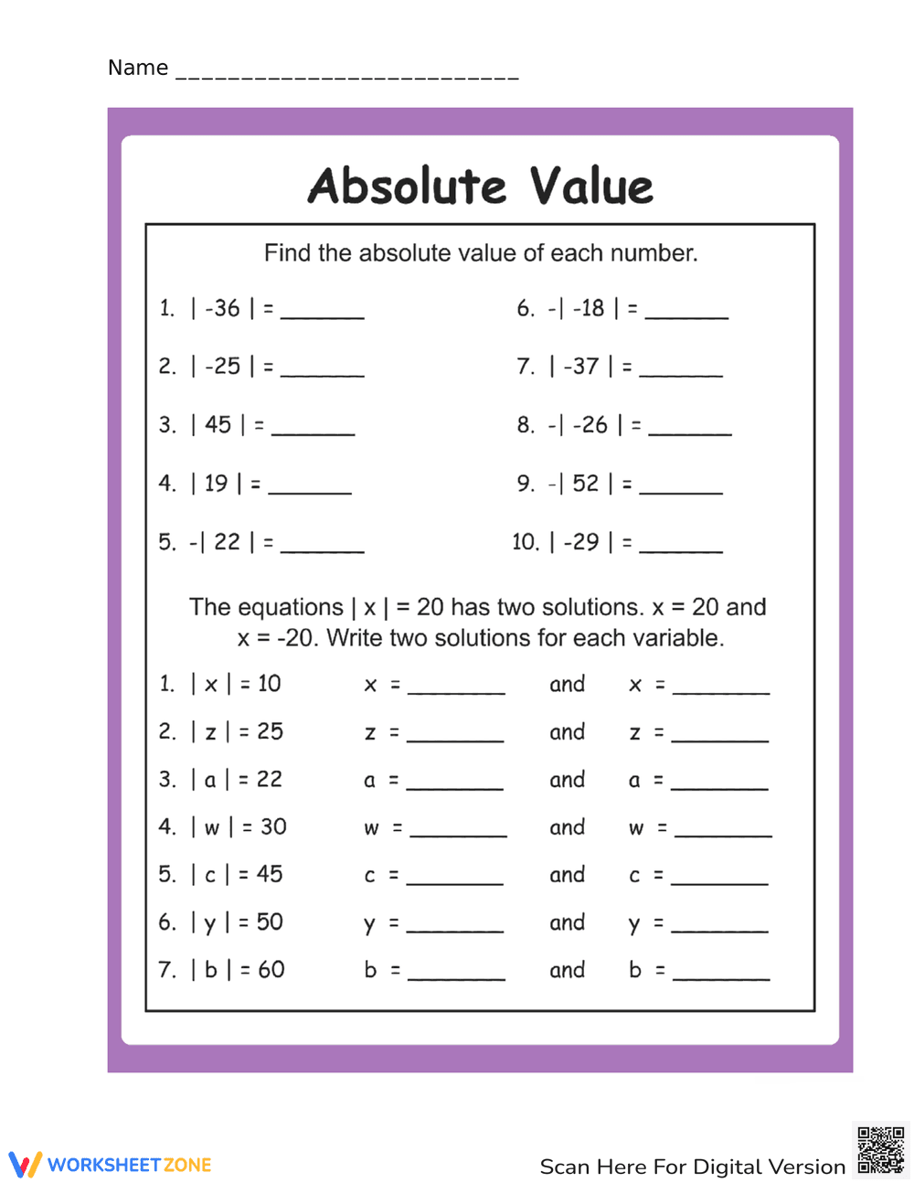Practice Calculating Absolute Value Worksheet - Page 1