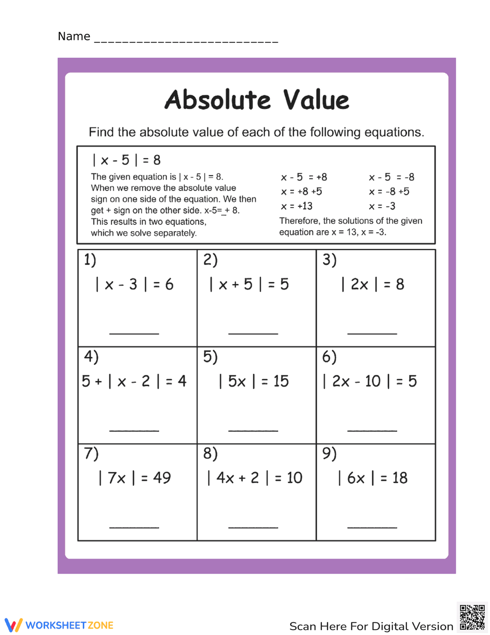 Worksheet on Calculating Absolute Value - Page 1