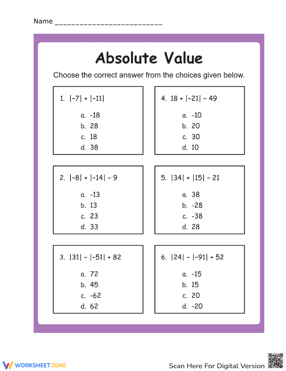 Absolute Value Calculation Practice Worksheet - Page 1