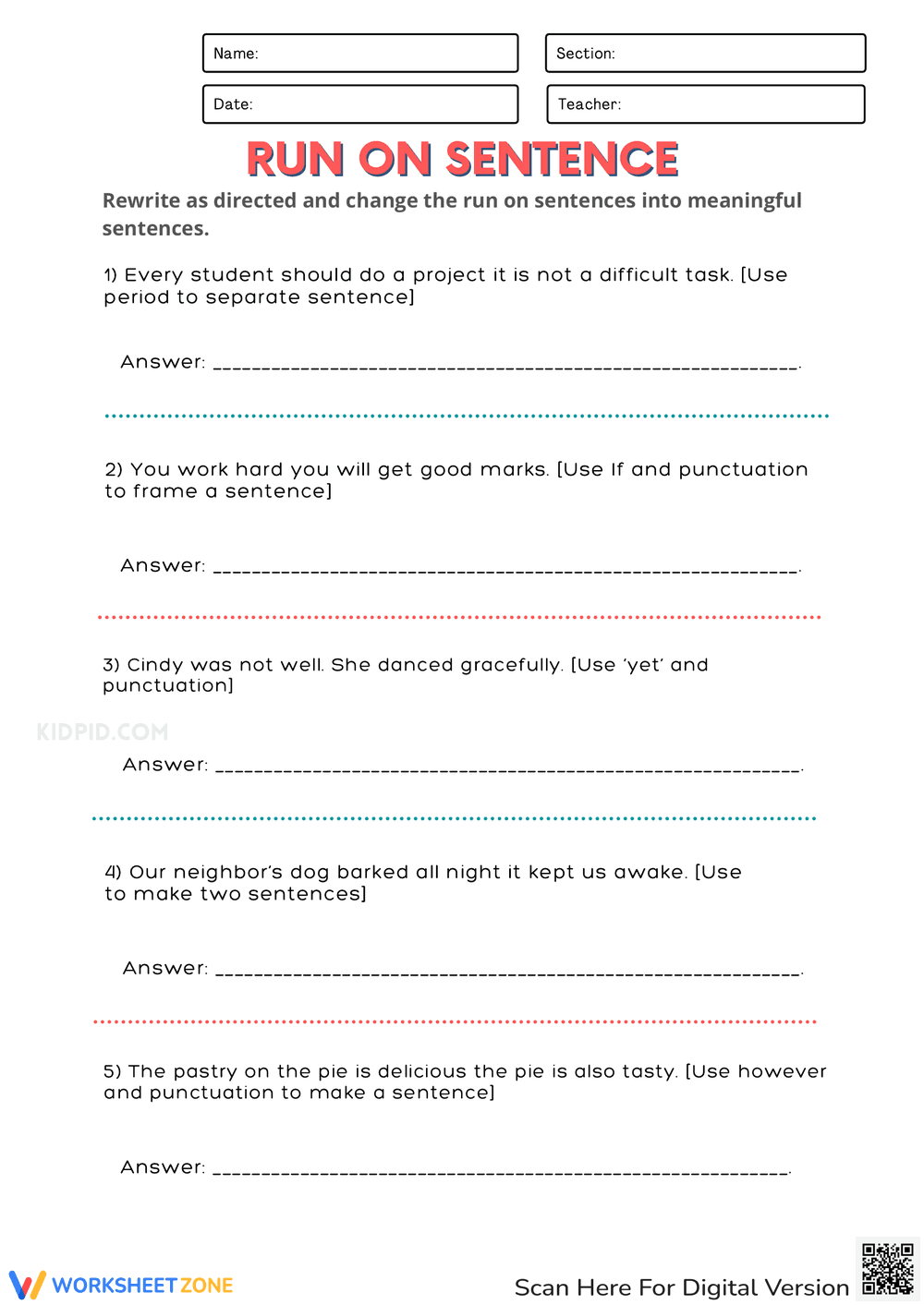 Worksheet: Fixing Run-on Sentences - Page 2